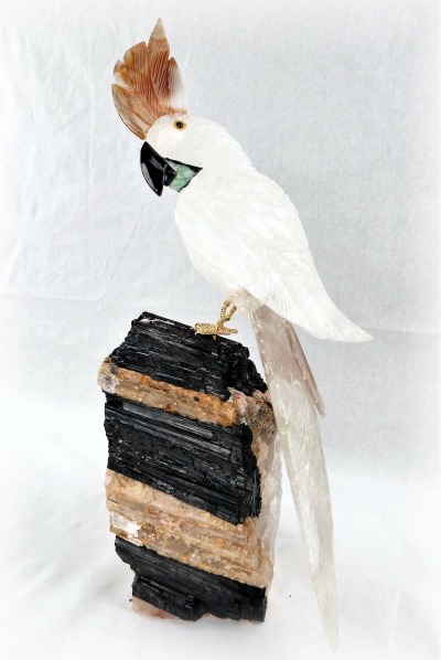 White and Clear Crystal Parrot on Black Tourmaline Base Gemstone Sculpture