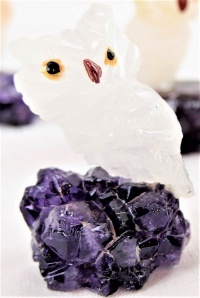 Miniature White Crystal Owl. Gemstone Sculpture