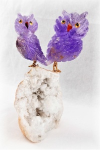 Pair Purple Crystal Owls on White Quartz Crystal Base. Gemstone Sculpture