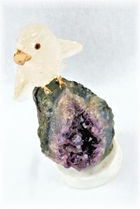 Clear Crystal Parrot on Amethyst Base. Gemstone Sculpture.