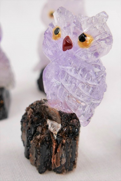 Miniature Pink / Purple Transparent Crystal Owl. Gemstone Sculpture