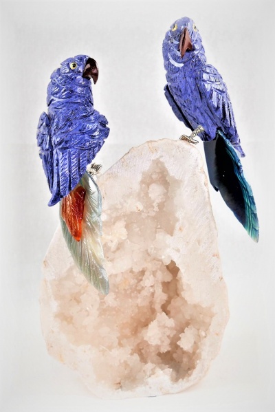 Blue Lovebirds on White Quartz Crystal Base. Gemstone Sculpture
