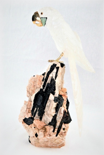 Clear Crystal Parrot on Black Tourmaline Base. Gemstone Sculpture