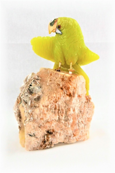 Yellow Green Crystal Parrot on Crystal Rock Base. Gemstone Sculpture