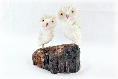 Pair White Crystal Owls on Black Tourmaline Base. Gemstone Sculpture.
