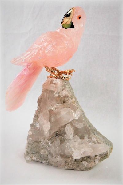 Rose Crystal Parrot on Clear Quartz Base. Gemstone Sculpture