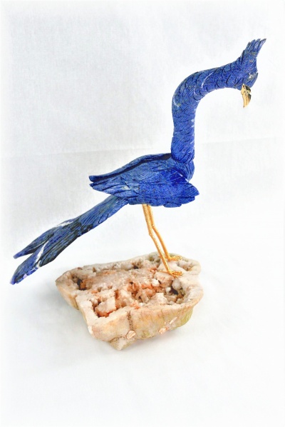 Blue Crystal Bird on White Quartz Crystal Base. Gemstone Sculpture.