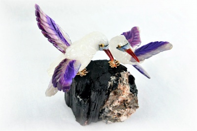 Sunbird Pair on Black Tourmaline Base. Gemstone Sculpture