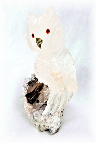 Clear Crystal Owl on Quartz Crystal Base. Gemstone Sculpture