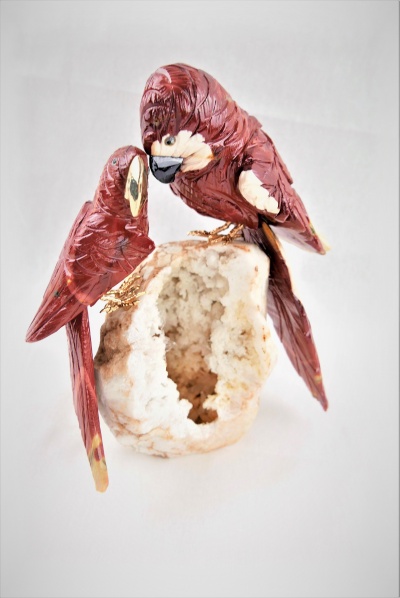 Pair Red Parrots on White Quartz Crystal Base. Gemstone Sculpture