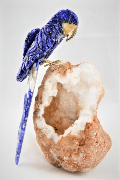 Blue Crystal Parrot on White Quartz Base. Gemstone Sculpture