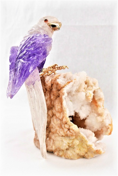 Clear / Purple Crystal Eagle on White Quartz Crystal Base. Gemstone Sculpture.