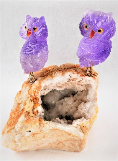 Pair Purple Crystal Owls White Quartz Crystal Base. Gemstone Sculpture