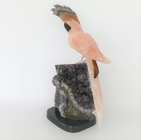 Rose crystal parrot with agate crest feathers on Amethyst Base. Gemstone sculpture