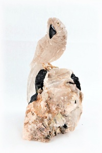 Clear Crystal Parrot on Black Tourmaline Base. Gemstone Sculpture.
