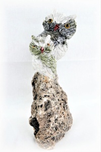 Pair Green White Crystal Owls on Crystal Rock Base. Gemstone Sculpture