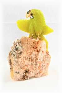 Yellow Green Crystal Parrot on Crystal Rock Base. Gemstone Sculpture