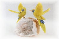 Sunbird Pair on White Quartz  Base. Yellow crystal Gemstone Sculpture