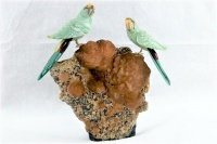 Green Lovebirds on Calcite Crystal Base. Gemstone Sculpture