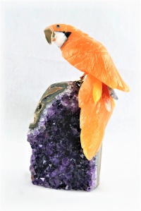 Orange Crystal Parrot on Amethyst Base. Gemstone Sculpture.