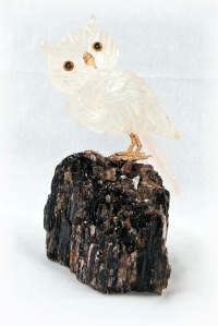 Clear Crystal Owl on Black Tourmaline Base. Gemstone Sculpture