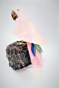 Rose Crystal Parrot on Black Tourmaline Base. Gemstone Sculpture